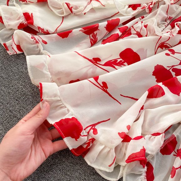 Women's V Neck Long Sleeve Chiffon Printed Dress - Picture 12 of 16